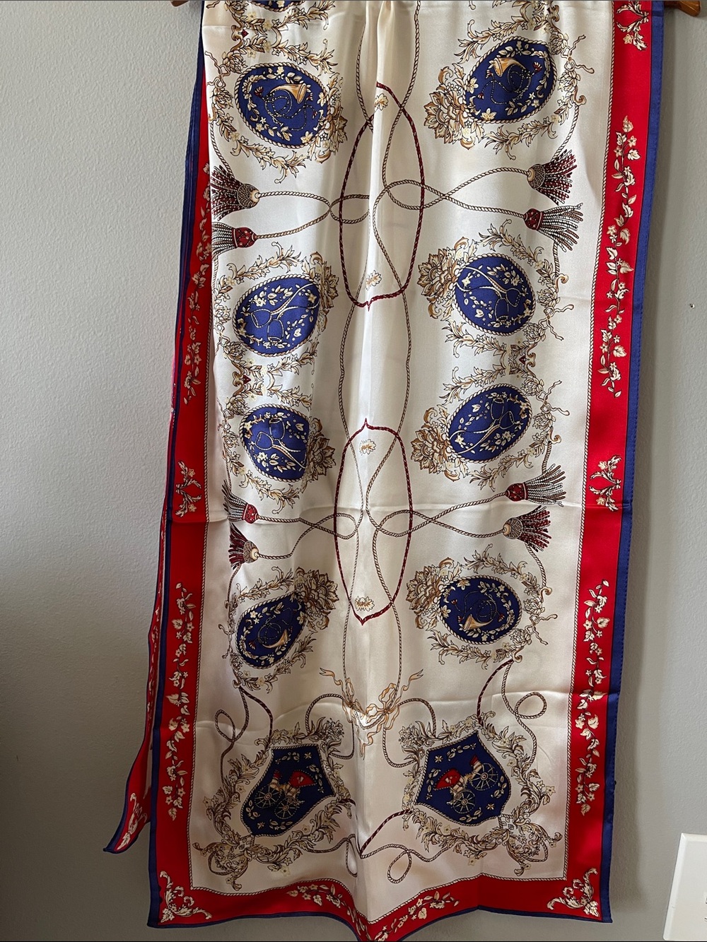 100% Italian Silk Cream Scarf with Blue Medallions & Red Border